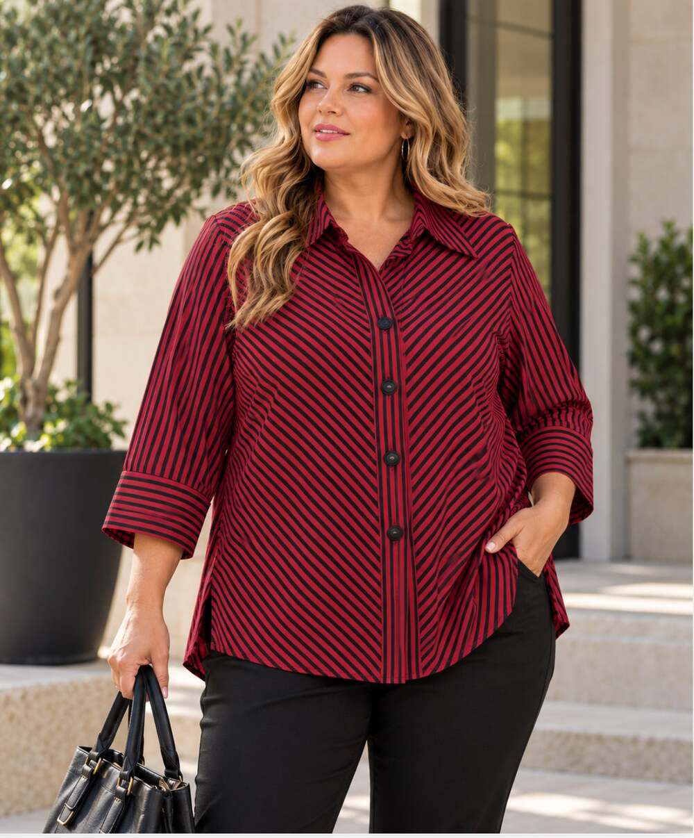 Foxcroft NYC Wrinkle Free Shirt Red Black Stripe 18W Plus Size Button Up Blouse